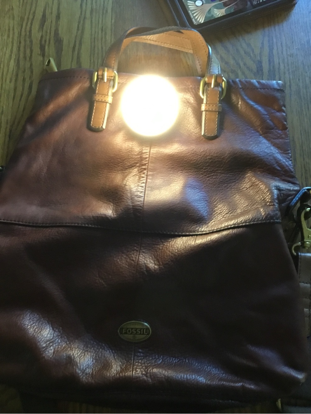 Fossil Dark Brown Leather Messenger Bag with Tan Handles